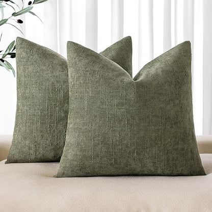 MIULEE Pack of 2 Decorative Throw Pillow Covers Soft Chenille Christmas Throw Pillows Solid Textured Cushion Covers for Spring Couch Sofa Bedroom Living Room 20x20 Inch, Olive Green