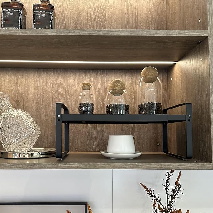 Set of 2 Black Kitchen Countertop Shelves, Expandable Cabinet Shelf Organizers, Stackable Metal Pantry Storage Shelves for Spice Rack, Cupboard