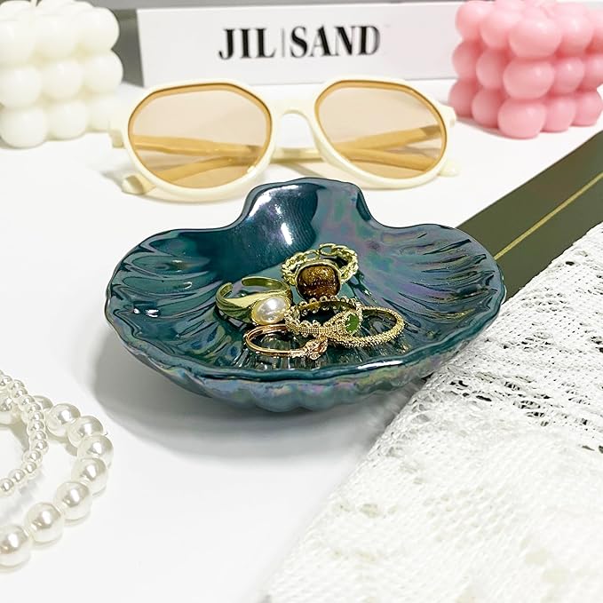 Seashell Trinket Tray, Ceramic Ring Holder Dish for Earrings Ring Necklace, Shell Shape Jewelry Dish Trinket Tray, Ocean Room Decor, 3.9", Deep Teal Iridescent Surface