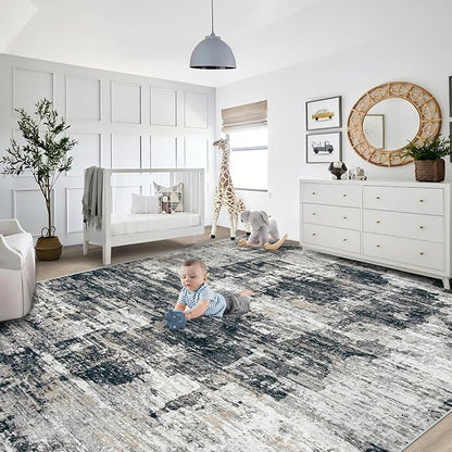9x12 Area Rug for Living Room, Washable Modern Abstract Large Area Rug Neutral Soft Non Slip Kids Rug Stain Resistant Indoor Carpet for Bedroom Nursery Dining Room Playroom Office(BlackGrey, 9'x12')