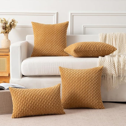 Kevin Textile Throw Pillow Covers Soft Corduroy Decorative Set of 2 Boho Striped Pillow Covers Pillowcases Farmhouse Home Decor for Couch Bed Sofa Living Room 18x18 Inch Gold