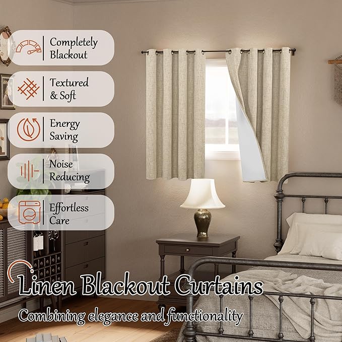 Lajode Short Blackout Curtains 45 Inch Length 2 Panels, Thermal Insulated Total Light Blocking Linen Window Curtains for Farmhouse Bedroom Basement, Bronze Grommet, Burlap, Each 52" Wide