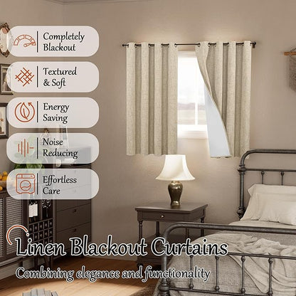 Lajode Short Blackout Curtains 45 Inch Length 2 Panels, Thermal Insulated Total Light Blocking Linen Window Curtains for Farmhouse Bedroom Basement, Bronze Grommet, Burlap, Each 52" Wide