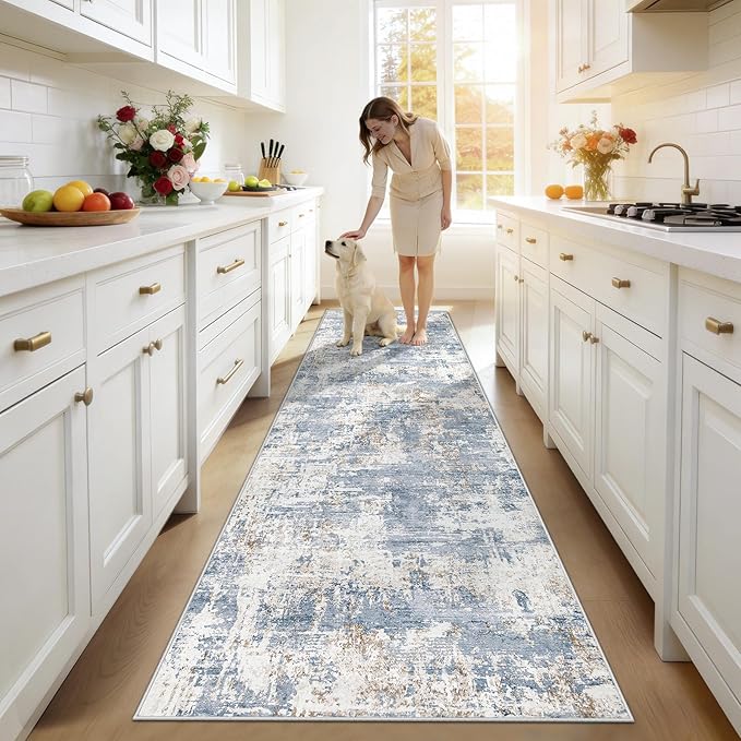 2.6x8 Runner Rug for Hallway, Washable Modern Abstract Runner Rugs Neutral Soft Non Slip Kids Rug Stain Resistant Indoor Runners for Hallways Entryway Bedroom Kitchen Laundry Room(Blue, 2'6''x8')