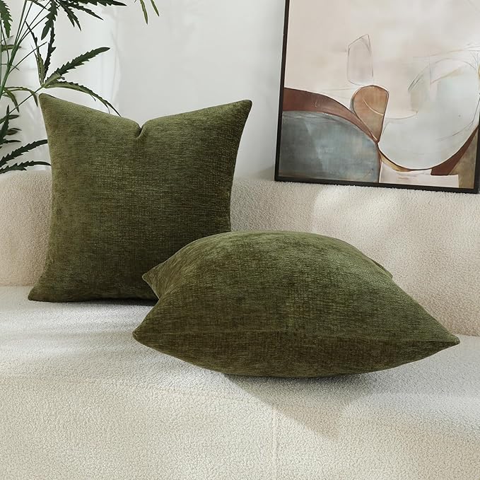 Sage Green Chenille Decorative Couch Throw Pillow Covers, Soft Cushion Cases for Home Livingroom Sofa Décor, Pack of 2, 18 x 18 Inches