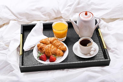 17" x 12" Wood Serving Tray with Gold Polished Metal Handles, Home Decorative Wooden Rectangle Ottoman Leather Decor Platter Bathroom Vanity Tray for All Occasions Alligator Black