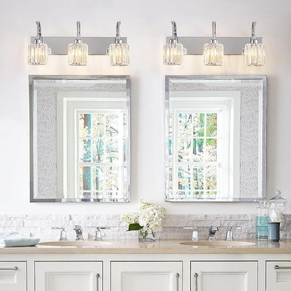 3-Light Crystal Vanity Light, Modern Chrome Bathroom Wall Sconce with K9 Crystal Shades, 23.62" Long Over Mirror Lighting for Vanity, Makeup, Hallway, Elegant & Durable