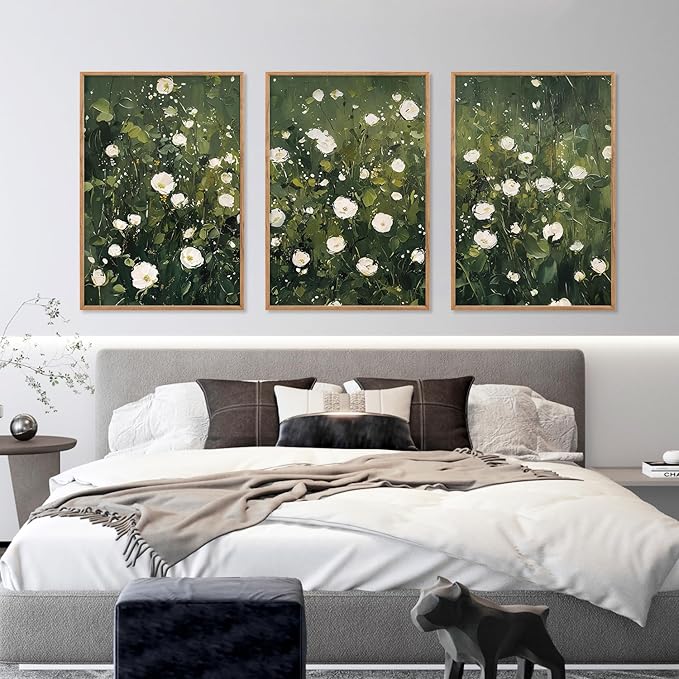HLNIUC Green White Floral Framed Wall Art Set, Abstract Flower Canvas Wall Decor, Modern Botanical Wall Painting, Blossom Landscape Art Print for Living Room, Bedroom, Office - 24"x36"x3