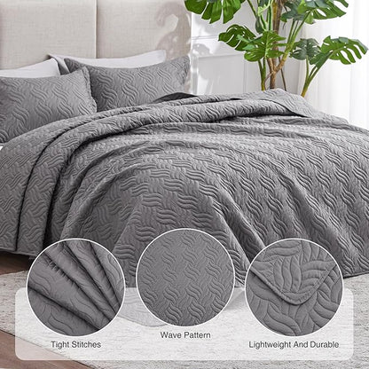 Love's cabin King Size Quilt Bedding Set Grey Bedspreads - Bed Summer Lightweight Bedspread Comforter - Wave Pattern Bedding Coverlet for All Season - 3 Pieces (1 Quilt, 2 Pillow Shams)