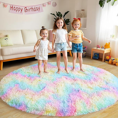 Round Fluffy Rugs 7Ft for Girls Bedroom, Rainbow Shag Circle Kids Rug Non-Slip for Bedside Dorm Nursery Playroom, Soft Cute Area Rugs for Living Room Decor
