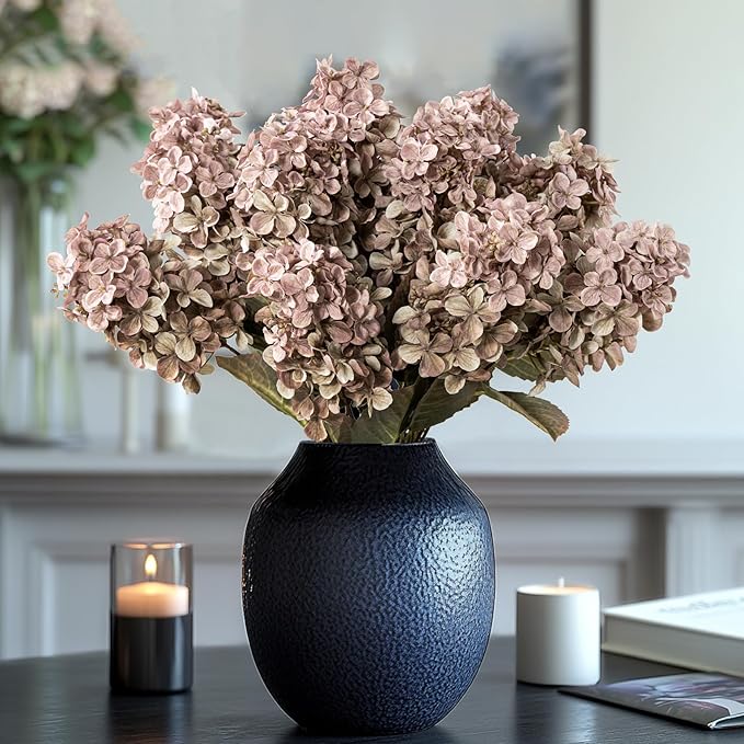Fake Flowers Hydrangea Silk Flowers with Stems,Brown Flowers Fall Hydrangea Artificial Flowers,Winter Flowers Artificial for Decoration Vase Indoor and Outdoor 24"（Brown ） 8PCS Wthout Vase