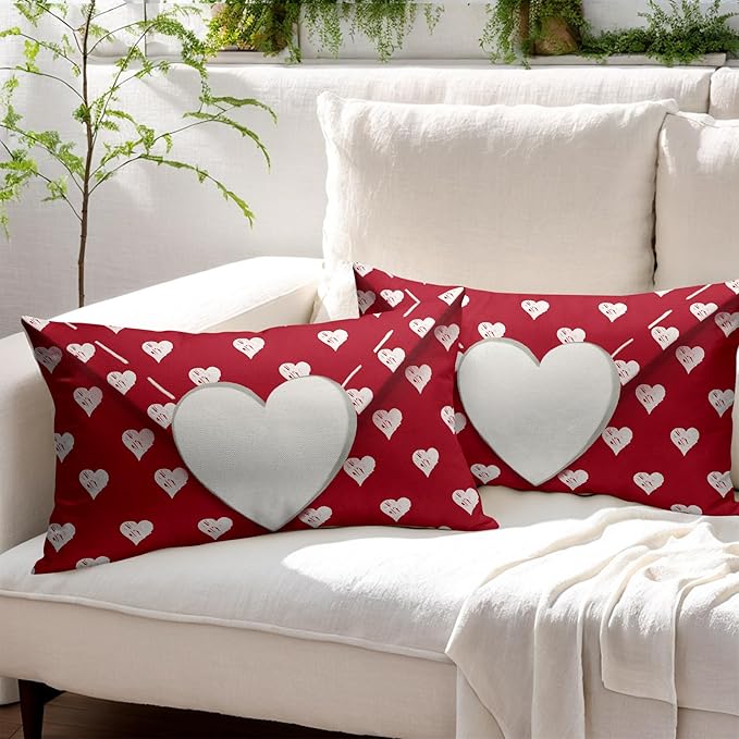 Valentines Day Pillow Covers 12x20 Set of 2 White Red Heart Throw Pillow Covers Love Pillowcase Linen Decoration Farmhouse Holiday Cozy Soft Cushion Case Couch for Indoor Outdoor Home Decor
