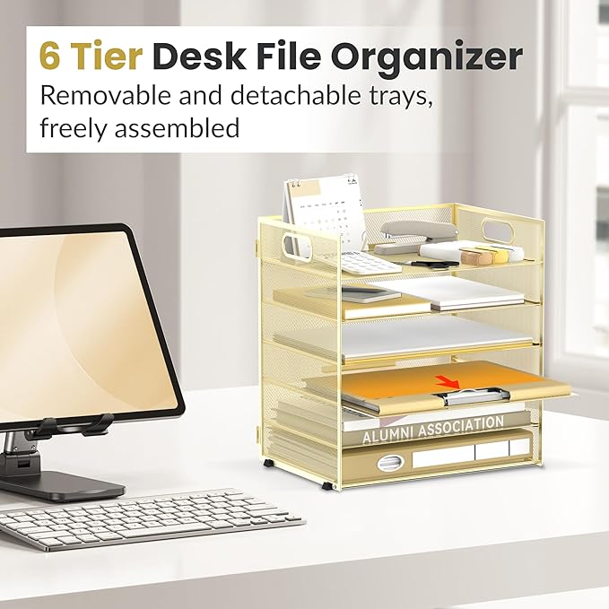 Daltack 6 Tier Paper Organizer for Desk, Paper Letter Tray Organizer for Desks, Mesh Desk File Organizers with Handle for Office, Home, School, Gold, 2 Pack