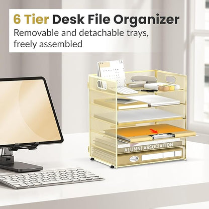 Daltack 6 Tier Paper Organizer for Desk, Paper Letter Tray Organizer for Desks, Mesh Desk File Organizers with Handle for Office, Home, School, Gold, 2 Pack