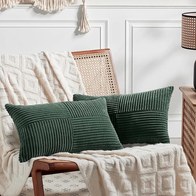 Fancy Homi Set of 2 Dark Green Lumbar Decorative Throw Pillow Covers 16x28 Inch for Living Room Couch Bed, Boho Farmhouse Forest Green Home Decor, Soft Corduroy Corss Patchwork Cushion Case