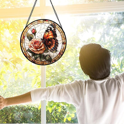 DASTOLL Stained Glass Window Hanging, Butterfly Picking Flowers Suncatcher for Doors Home Sun Catchers Decoration and Christmas, Mother's Day Birthday Gifts for Women, Men, and Mom 7.8 in