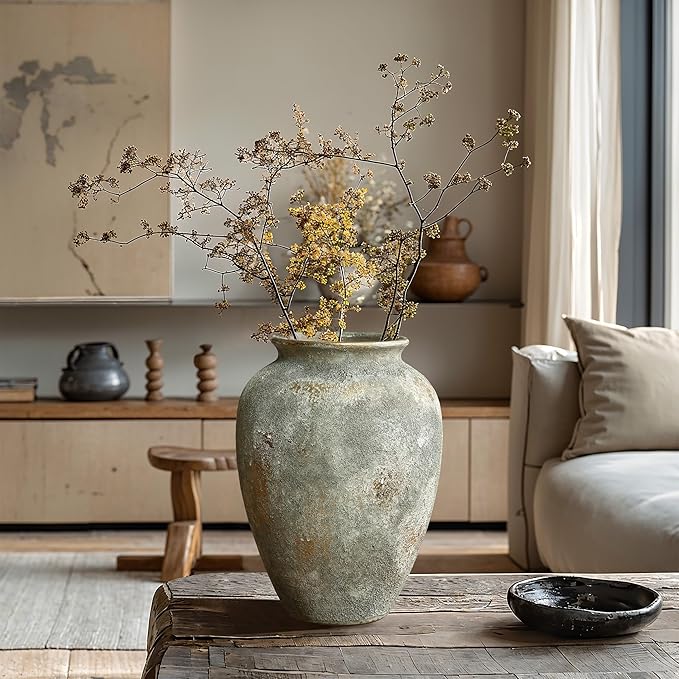 LuxenHome Ceramic Flower Vase, 13'' Gold and Brown Terracotta Urn Vase, Rustic Pottery for Dining Table Entry Way Table Home Decor, Farmhouse Vintage Pottery Living Room Home Decor