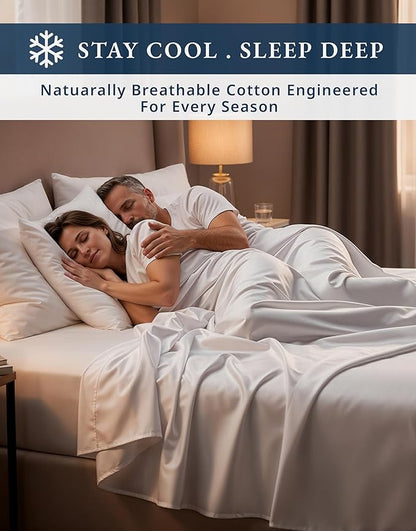 100% Egyptian Cotton Sheets Queen Size - Naturally Cooling & Breathable 4 Piece Silky Sateen Weave Queen Sheet Set, Ultra-Soft & Durable Hotel Luxury Sheets with 15" Snug Fit Deep Pockets - White