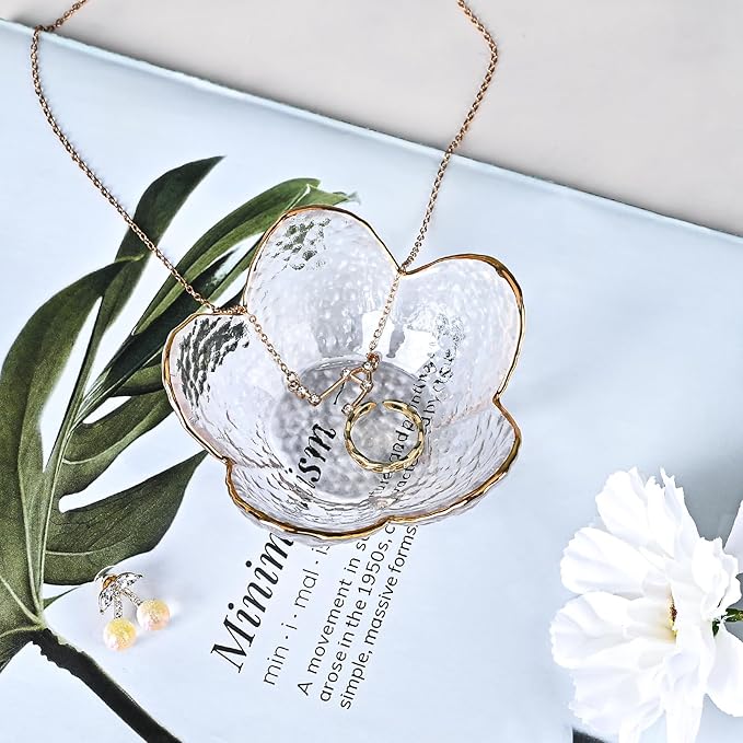 Koythin 2-Piece Glass Jewelry Tray, Small Trinket Holder for Necklace Bracelet Earring, Ring Holders for Bathroom, Aesthetic Trinket Dish, Flower Nightstand Decor for Girl Mom (Transparent White)