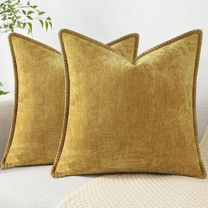 decorUhome Spring Chenille Soft Throw Pillow Covers 26x26 Set of 2, Farmhouse Velvet Neutral Decorative Euro Sham Pillow Covers with Stitched Edge for Couch Sofa Bed Home Decor, Mineral Yellow