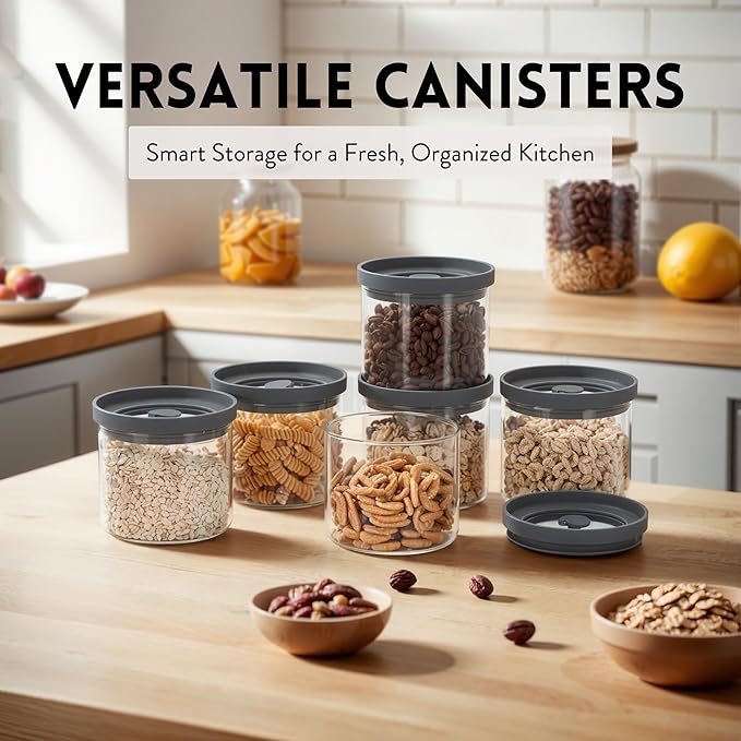 Glass Canisters with Airtight Lids Set of 6 (17.5 oz) - Borosilicate Glass Jars for Overnight Oats, Meal Prep & Pantry Storage, Stackable, BPA-Free, Dishwasher Safe Kitchen Containers