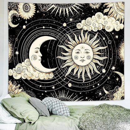 Delur Sun and Moon Tapestry Black Dark Boho Spiritual Burning Sun Tapestry Wall Hanging Mystic Aesthetic Cloud Abstract Star Psychedelic Headboard for Bedroom Living Room Home Decor (51.2" x 59.1")