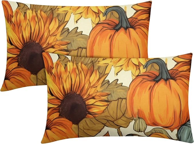 Pumpkin Fall Lumbar Pillow Covers 12x20 Set of 2 Burnt Orange Autumn Thanksgiving Pillow Cases Sunflower Outdoor Decorative Holiday Cushion Cover Rustic Decoration Farmhouse Home Sofa Couch Bed Decor