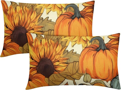 Pumpkin Fall Lumbar Pillow Covers 12x20 Set of 2 Burnt Orange Autumn Thanksgiving Pillow Cases Sunflower Outdoor Decorative Holiday Cushion Cover Rustic Decoration Farmhouse Home Sofa Couch Bed Decor