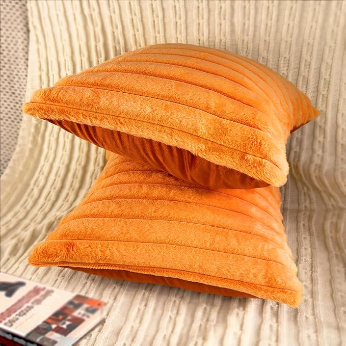 2 Pack 18x18 Pillow Cover Velvet Pillow Covers, Faux Fur Square Throw Pillow Covers for Living Room Decorations Throw Pillow Case, Throw Pillow Cover Cushion Cover for Sofa Bedroom Car, Orange