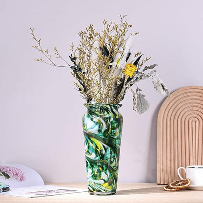 Blown Glass Green vase, Green Home Decorations, Modern Art Wide Mouth vase for Living Room Dining Table Coffee Table entryway TV Cabinet nightstand Centerpiece.