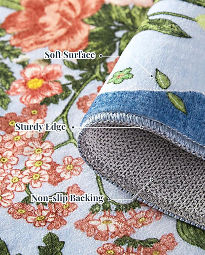 Floral Runner Rug 2x6 - Washable Vintage Kitchen Rug Low Pile Non-Slip Carpet for Entryway Hallway, Laundry, Bedroom - Soft, Stain Resistant Indoor Area Rug - Blue