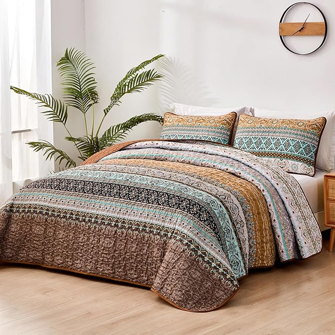 WONGS BEDDING Boho Fall Quilt Set Full, Brown Bohemian Quilt Bedding Set, Ultra Soft Lightweight Bedspread for All Season Reversible Microfiber Coverlet Bedding Set 90"x78"(3 Pieces)