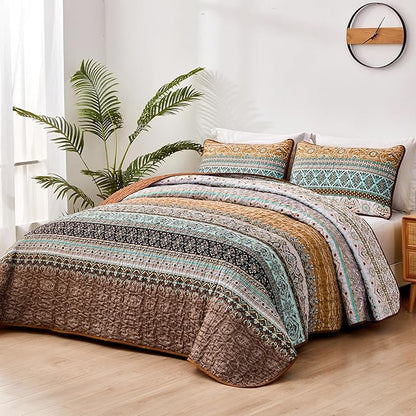 WONGS BEDDING Boho Fall Quilt Set Twin, Brown Bohemian Quilt Bedding Set, Ultra Soft Lightweight Bedspread for All Season Reversible Microfiber Coverlet Bedding Set 68"x86"(3 Pieces)