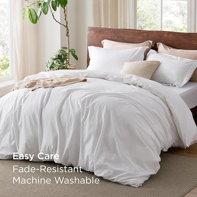 Bedsure 100% Washed Cotton Duvet Cover Queen Size - Bright White Minimalist Cotton Duvet Cover Linen Like for All Seasons - GentleSoft™ Plain Simple Bedding (Bright White, Queen, 90"x90")