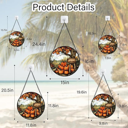 DASTOLL Stained Glass Window Hanging Fall Farm Scenery Maple Trees Pumpkin 7.8" - Suncatcher Door Garden Kitchen Sun Catcher Autumn Decor Birthday for Mom Nana Men Woman Friend