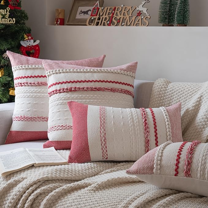 Valentines Pillow Covers 18x18 Inch Set of 2, Red Textured Boho Valentines Day Decoration Pillow Cases for Farmhouse Home Decor, Accent Cushion Cover for Sofa, Bed, Living Room, Bedroom