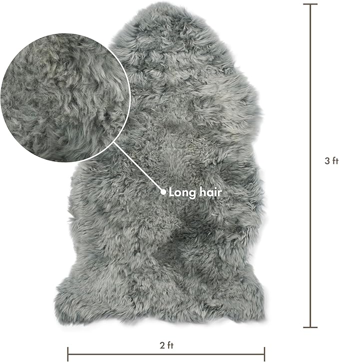 Sheepskin Long Hair 2x3 ft | Bedside Rugs for bedrooms, Sofa, Chair or The Dining Table | Each Sheepskin Rug is Unique and Created by Nature | Small Fluffy Rug in Color Light Grey