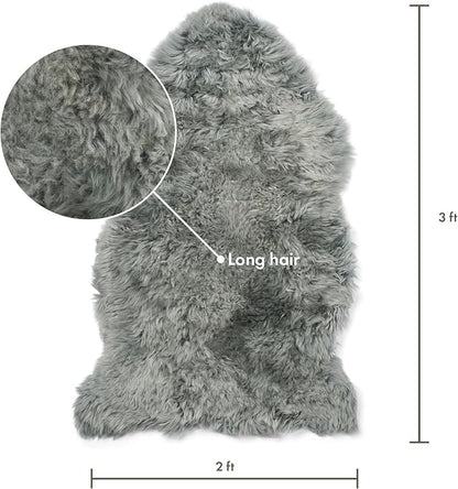 Sheepskin Long Hair 2x3 ft | Bedside Rugs for bedrooms, Sofa, Chair or The Dining Table | Each Sheepskin Rug is Unique and Created by Nature | Small Fluffy Rug in Color Light Grey