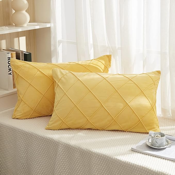 JAUXIO Diamond Pinch Pleated Crystal Velvet Pillowcases 2 Pack Solid Pintuck Throw Cushion Cover for Home Decor Hidden Zipper Closure (Yellow, Standard)