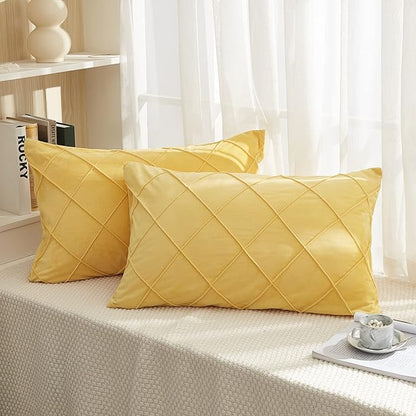 JAUXIO Diamond Pinch Pleated Crystal Velvet Pillowcases 2 Pack Solid Pintuck Throw Cushion Cover for Home Decor Hidden Zipper Closure (Yellow, King)