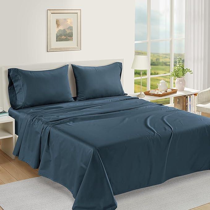 100% Egyptian Cotton Bed Sheets King Size – Silky Sateen Weave for Warm Winter Comfort, 15" Deep Pocket King Sheets, Naturally Breathable, Ultra-Soft Durable Hotel-Quality Luxury Bedding - Dark Denim