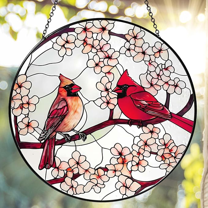 Cardinal Sun Catcher Stained Glass Window Hanging Cardinal Decor Gifts for Women Handmade Sun Catcher Decoration for Garden Home Housewarming Gift Valentine's Day Gifts（6 inch）