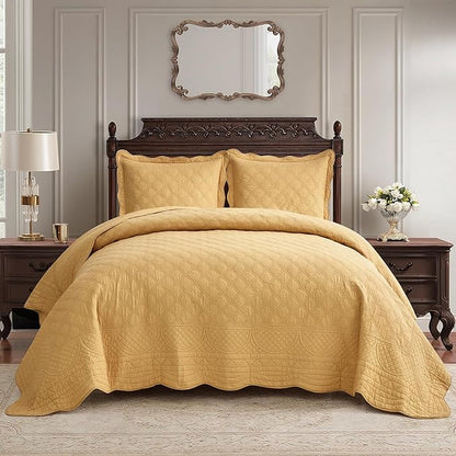 CHIXIN Oversized Cotton Bedspread Queen Size - Real Stitching - Luxury Quilted Bedding Cover for All Season, Reversible, Ultra Soft, Lightweight, 3 Piece, Honey Gold