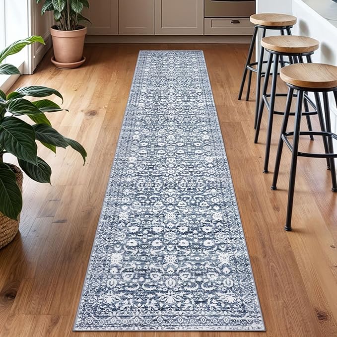 Runner Rug 2x10, Light Blue White Washable Long Hallway Rug Runner Non-Slip Soft Kitchen Runner Thin Printed Faux Wool Super Soft Carpet for Entryway Bedroom Laundry Room Indoor Home Decor