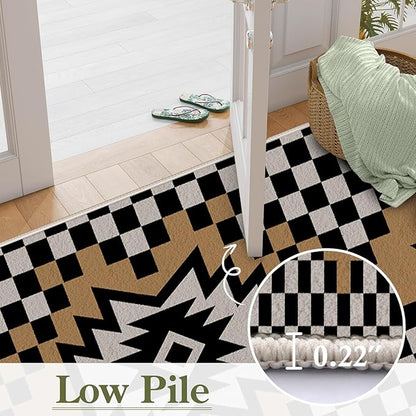 Western Aztec Long Hallway Rug Runners, 4x10ft, Modern Brown Diamond Check Area Carpet for Living Room, Easy Clean Fade Resistant Durable Foldable Pet Friendly Rugs for Front Door