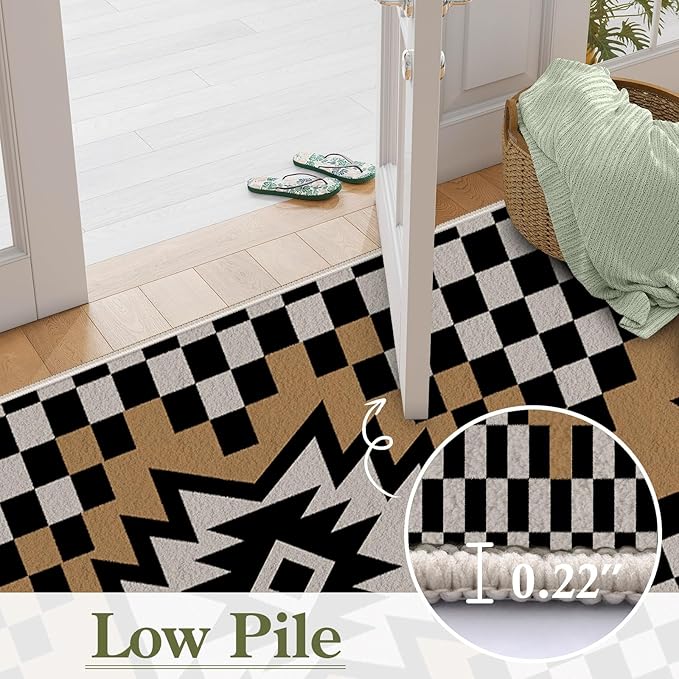 Western Aztec Long Hallway Rug Runners, 4x12ft, Modern Brown Diamond Check Area Carpet for Living Room, Easy Clean Fade Resistant Durable Foldable Pet Friendly Rugs for Front Door