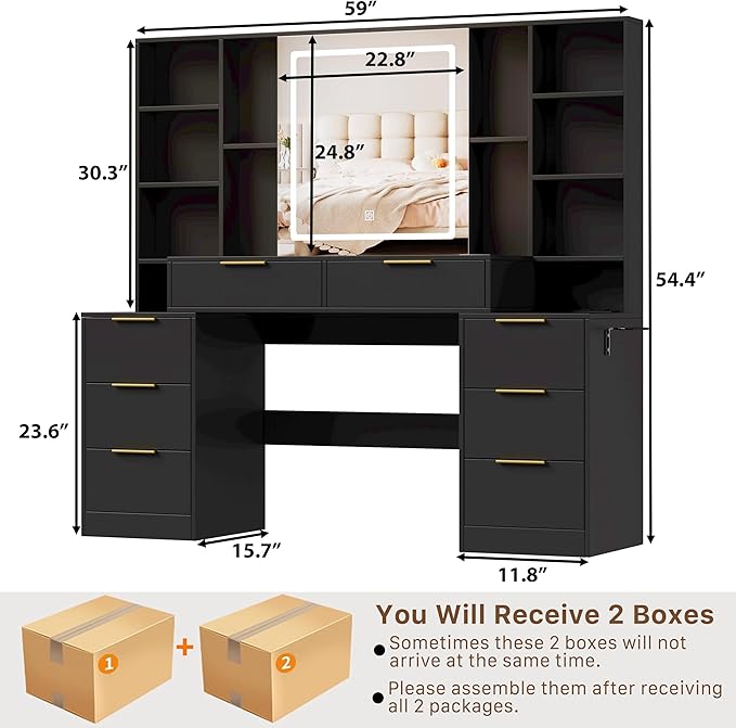 Large Makeup Vanity Desk with Lighted Mirror & Power Outlet,Dresser Table with 3 Lighting Modes Brightness Adjustable,Drawers,Shelves,Hair Dryer Stand for Bedroom,Black (No Stool)