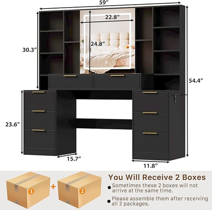 Large Makeup Vanity Desk with Lighted Mirror & Power Outlet,Dresser Table with 3 Lighting Modes Brightness Adjustable,Drawers,Shelves,Hair Dryer Stand for Bedroom,Black (No Stool)