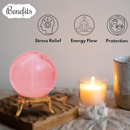 Amazing Gemstone Star Rose Quartz Crystal Ball with Stand - 1.5 Inches Crystal Sphere Meditation Balls for Witchcraft and Decorative Balls
