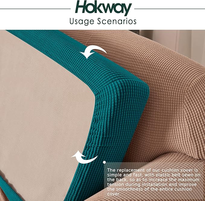 Hokway Stretch Couch Cushion Covers, 3 Piece Individual Sofa Cushion Slipcovers，Jacquard Sofa Seat Slipcover Set, Non-Slip Protector for Cushion (Teal,Small-3PC)